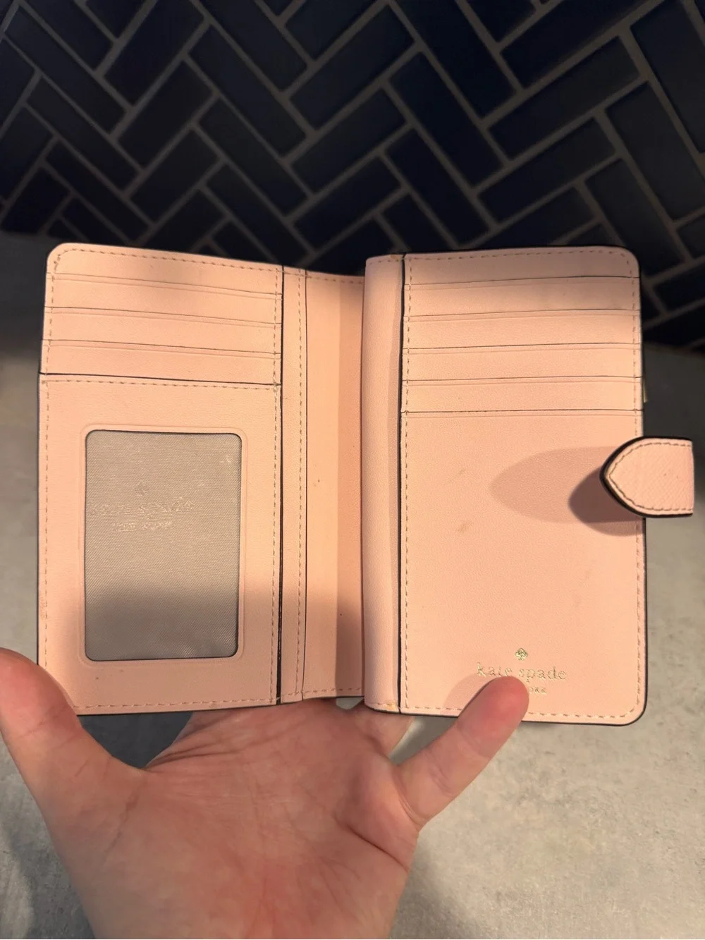 kate spade Pink Saffiano Compact Wallet with Gold Logo
